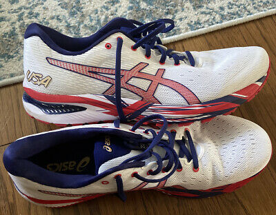 asics red white and blue running shoes